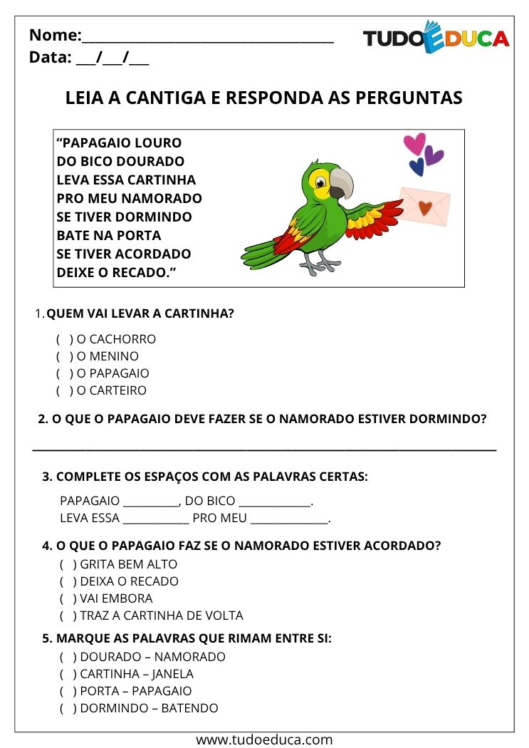 Atividade com Cantigas e Parlendas leia a cantiga e responda