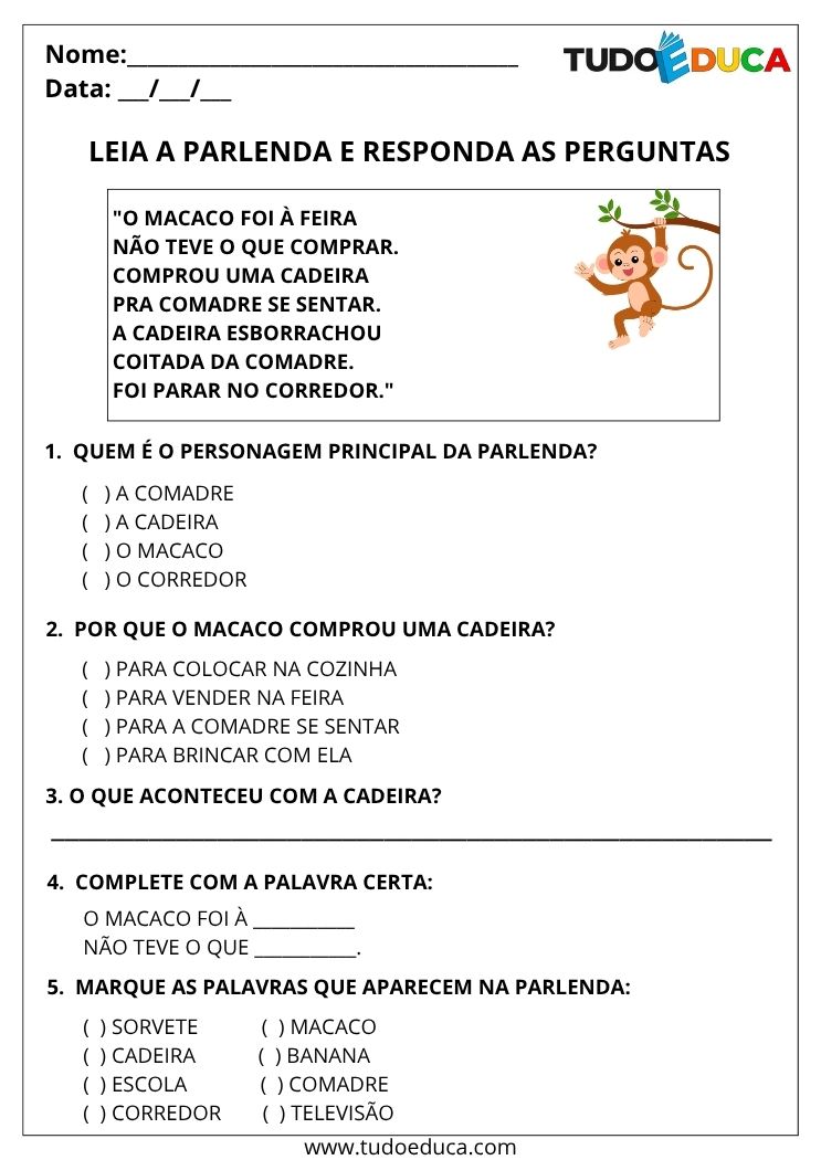 Atividade com Cantigas e Parlendas leia e responda