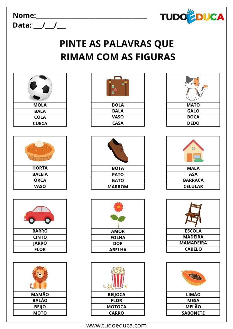 Atividade com Rimas e Sons Finais pinte as palavras que rimam