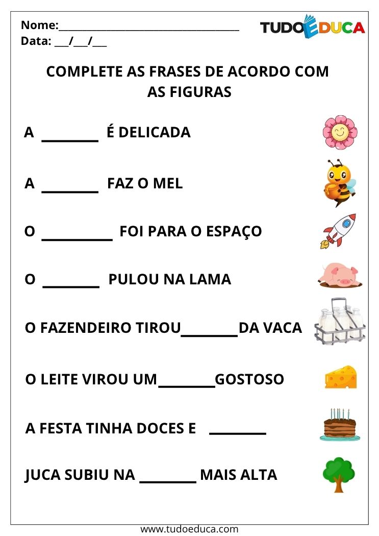 Atividade de completar frases complete de acordo com as figuras