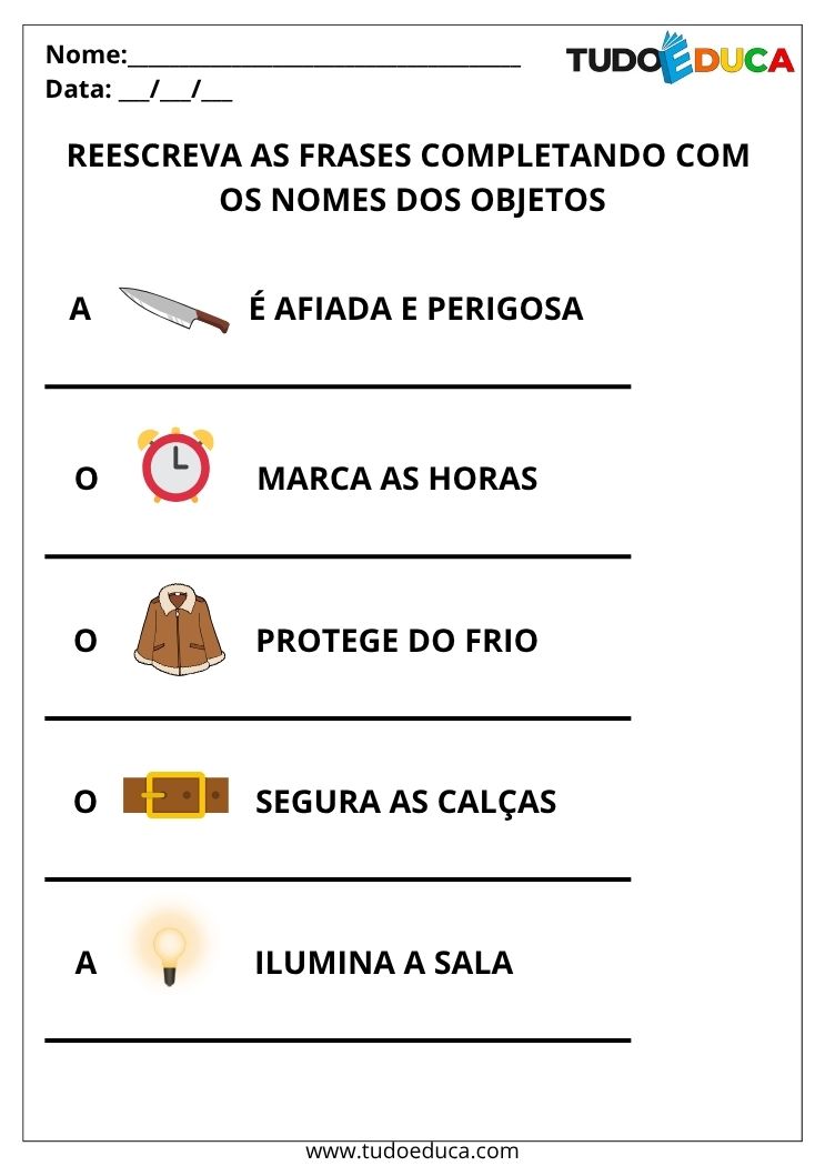 Atividade de completar frases reescreva as frases usando os objetos