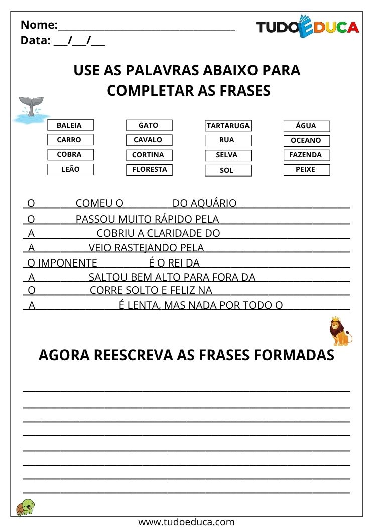 Atividade de completar frases use as palavras e monte as frases