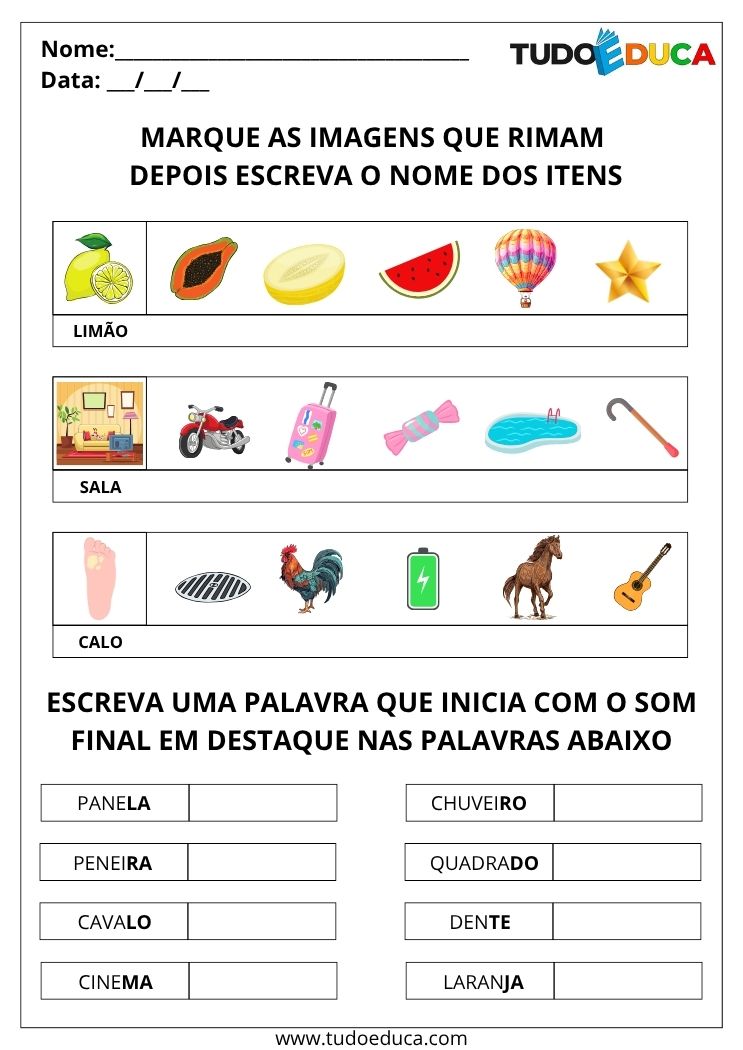 Atividades com Rimas e Sons Finais marque as imagens que rimam