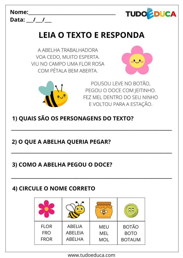Atividade de Leitura e Interpretação de Texto abelha e flor