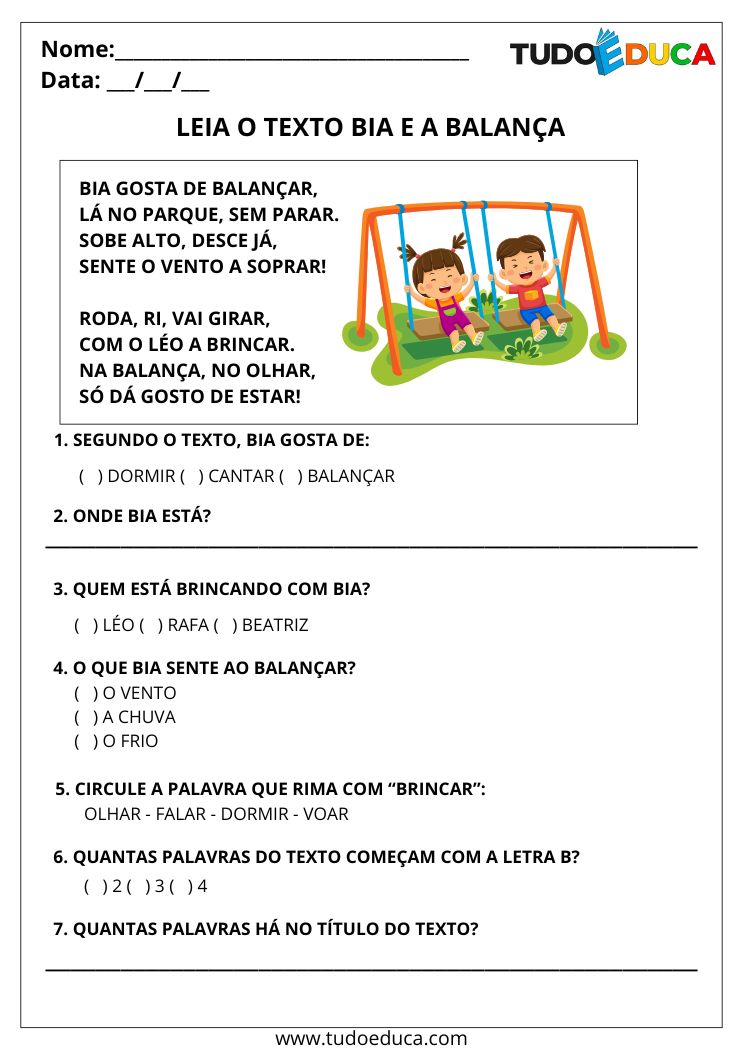 Atividade de Leitura e Interpretação de Texto bia e a balança