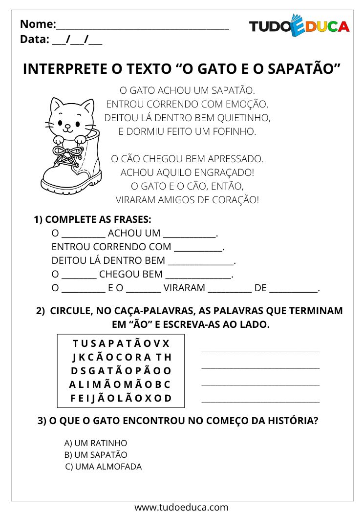 Atividade de Leitura e Interpretação de Texto gato e sapato