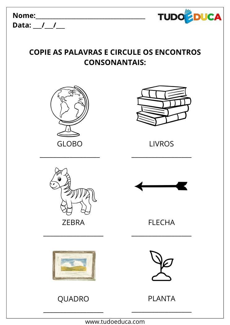 Atividade de Português com Encontro Consonantal circule os encontros consonantais