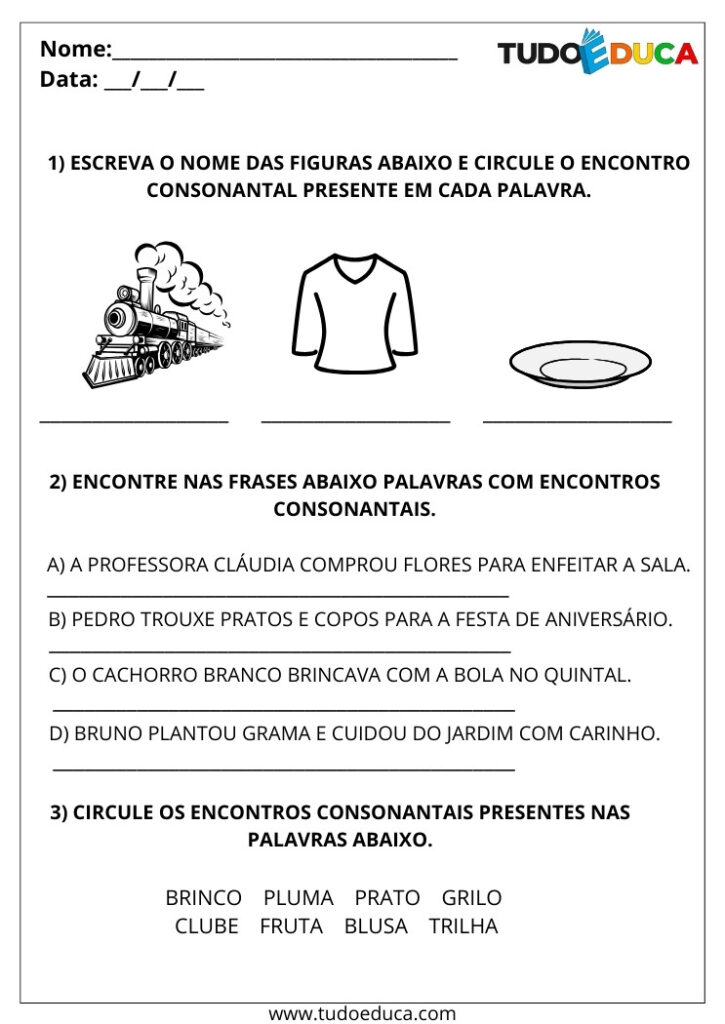 4 Atividades de Português com Encontro Consonantal