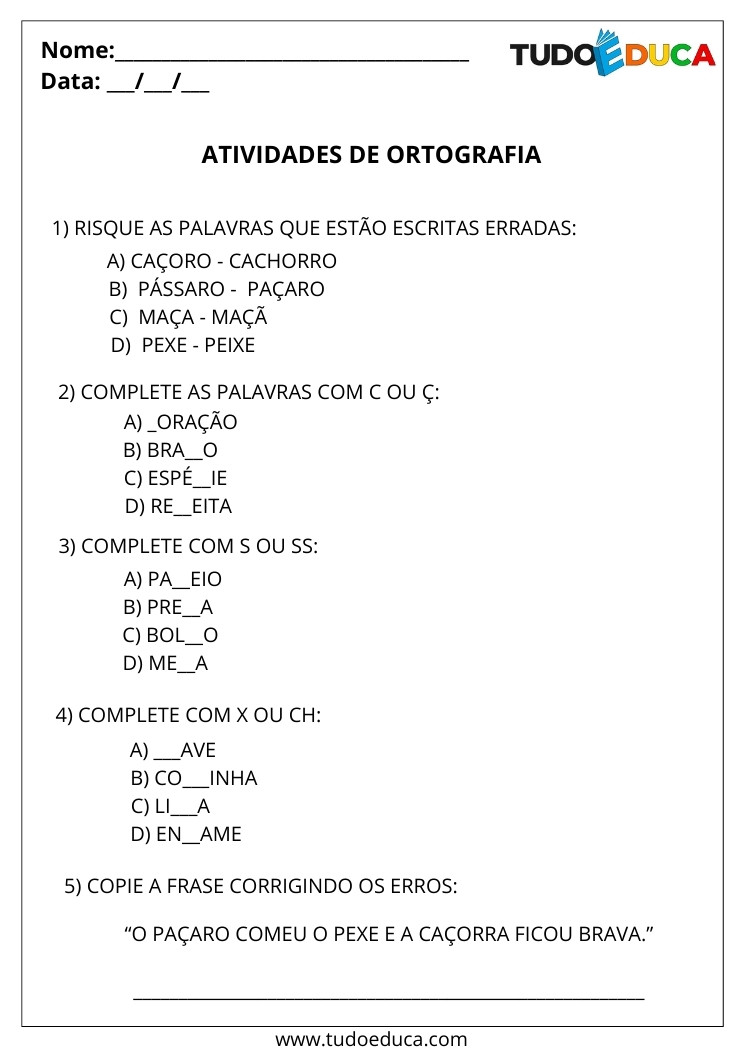 Atividade de Português com Ortografia risque as palavras erradas