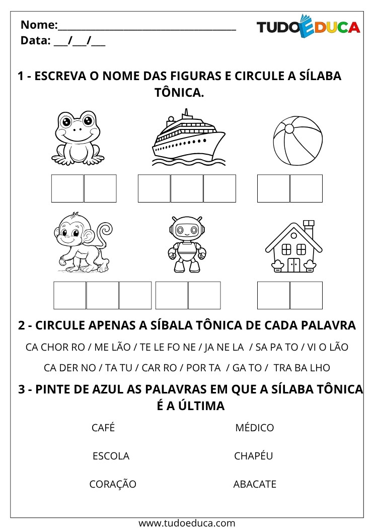 Atividade de Português com Sílaba Tônica escreva os nomes