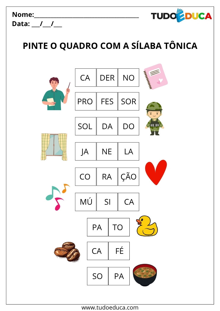 Atividade de Português com Sílaba Tônica pinte o quadrado