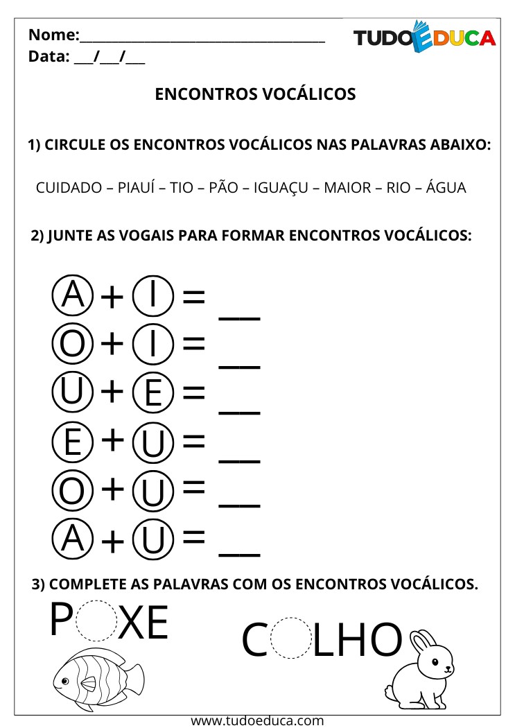 Atividade de Português com encontros vocálicos circule e escreva os encontros vocálicos