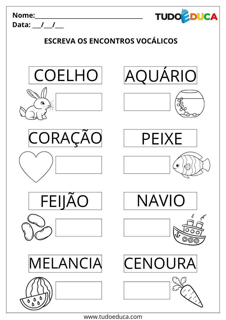 Atividade de Português com encontros vocálicos encontre os encontros vocálicos