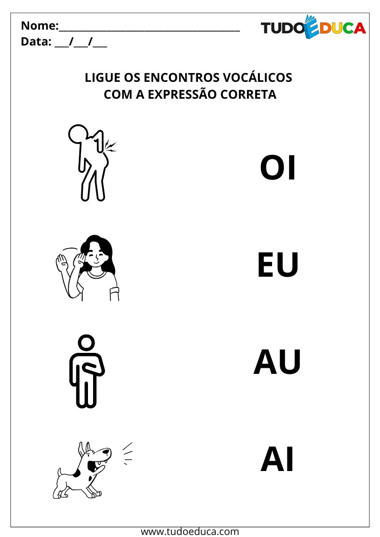 Atividade de Português com encontros vocálicos ligue os encontros vocálicos