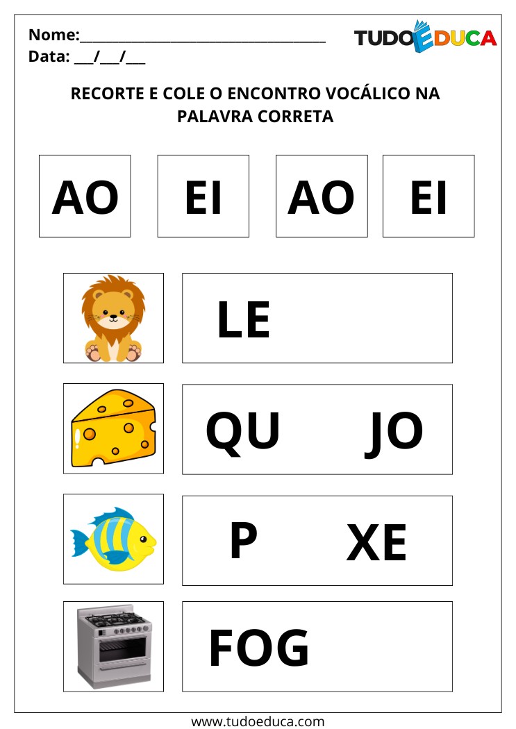Atividade de Português com encontros vocálicos recorte e cole os encontros vocálicos