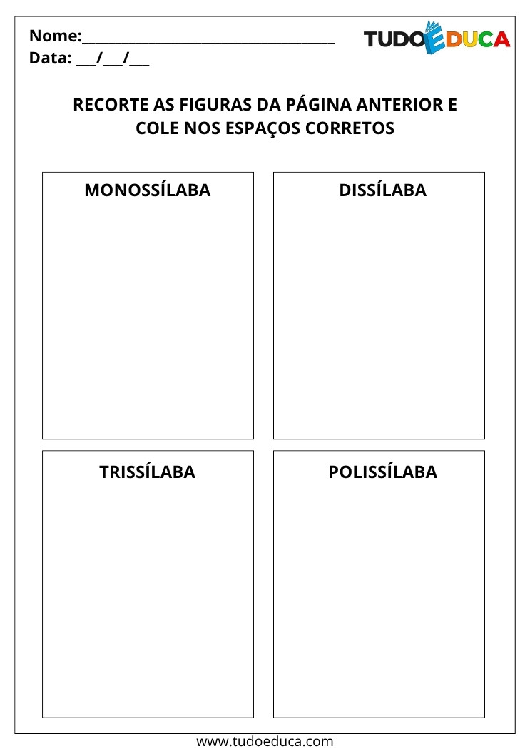 Atividades de Monossílaba, Dissílaba, Trissílaba e Polissílaba cole as figuras