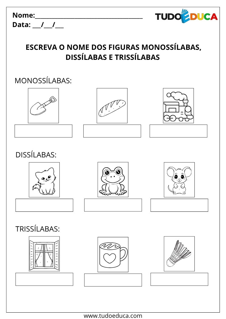 Atividades de Monossílaba, Dissílaba, Trissílaba e Polissílaba escreva os nomes