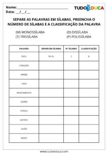 4 Atividades de Monossílaba, Dissílaba, Trissílaba e Polissílaba