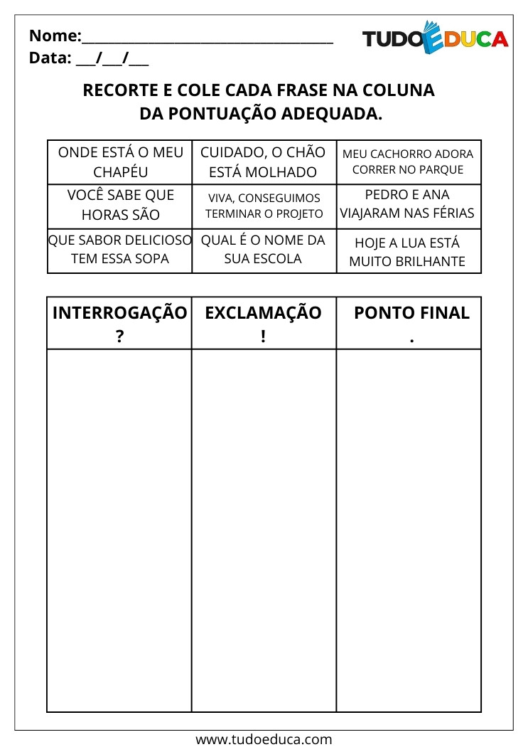 Atividades de Português com Pontuação cole as frases nas pontuações