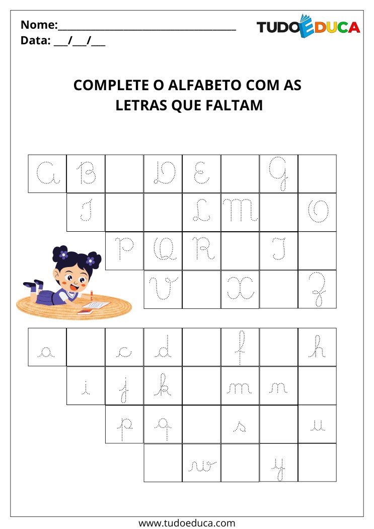 Atividade com letra cursiva para 1 ano complete o alfabeto cursivo