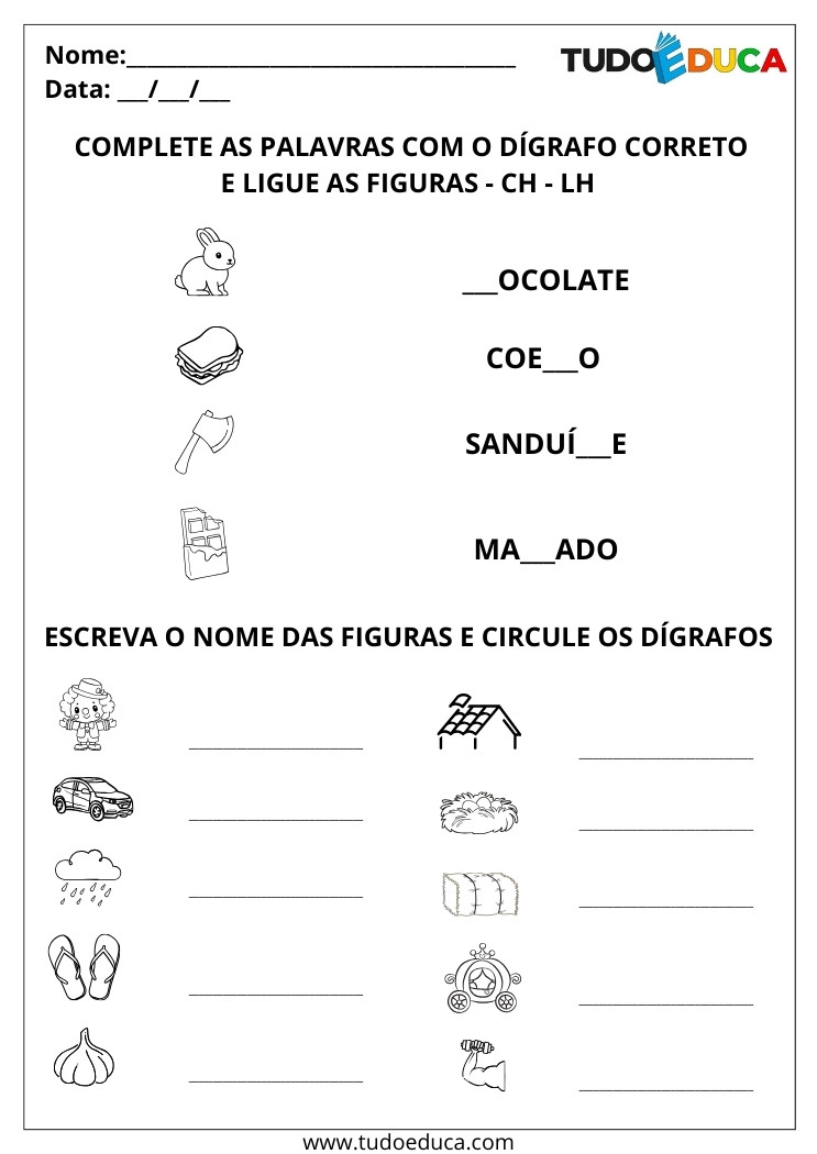 Atividade de Português com Dígrafos complete com o dígrafo correto
