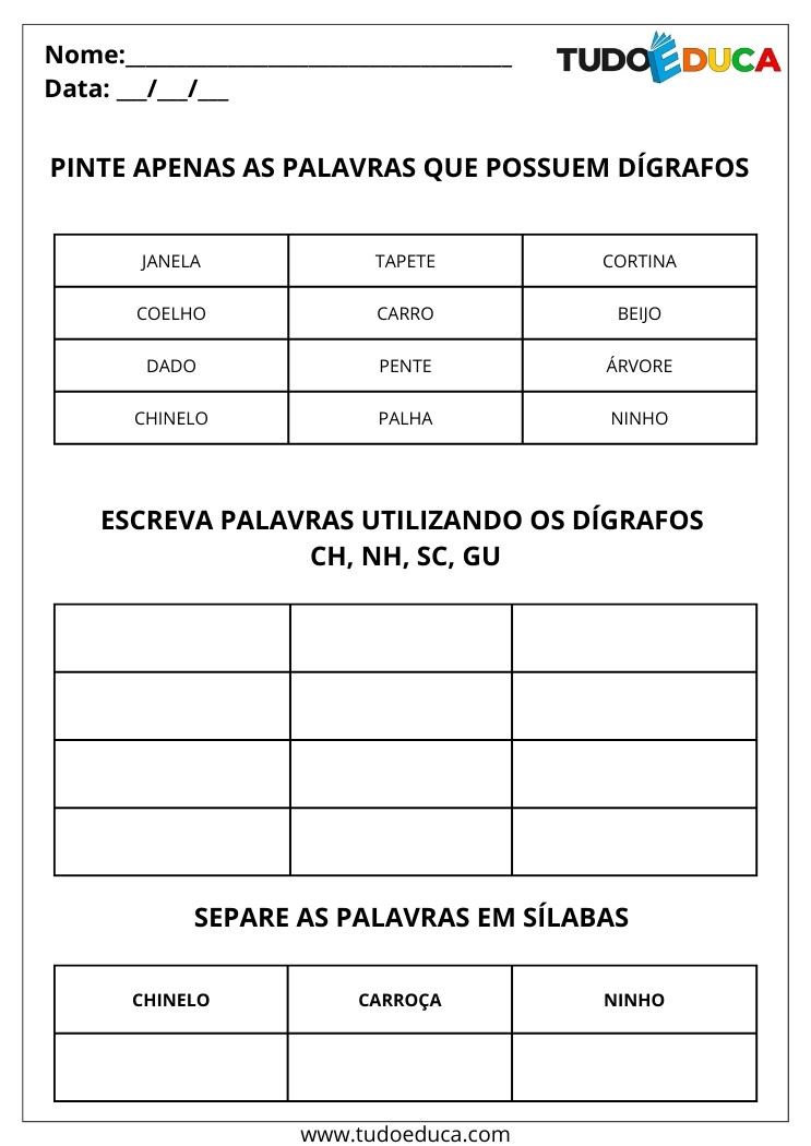 Atividade de Português com Dígrafos pinte os dígrafos