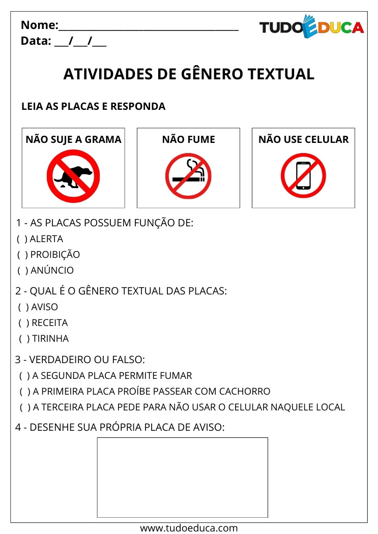 Atividade de Português sobre Gênero Textual aviso