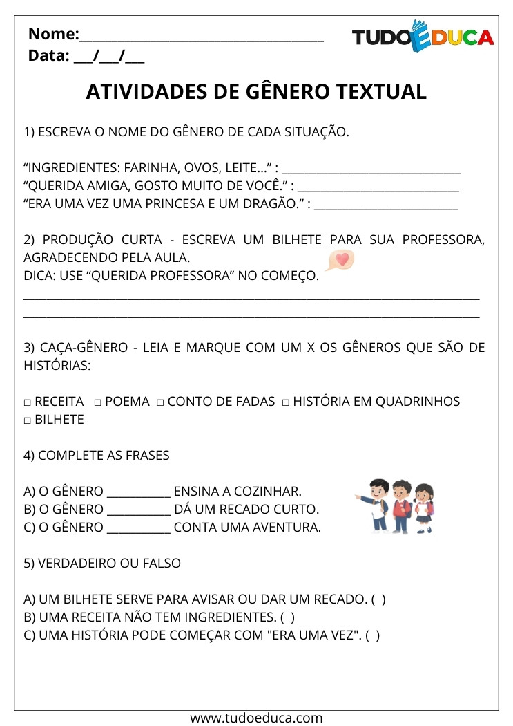 Atividade de Português sobre Gênero Textual escreva o gênero