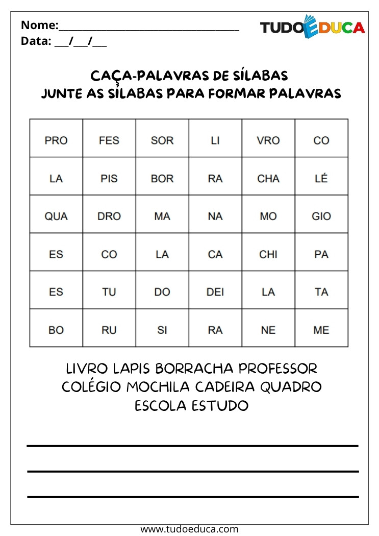 Atividade de Português Formando Palavras caca palavras silabas