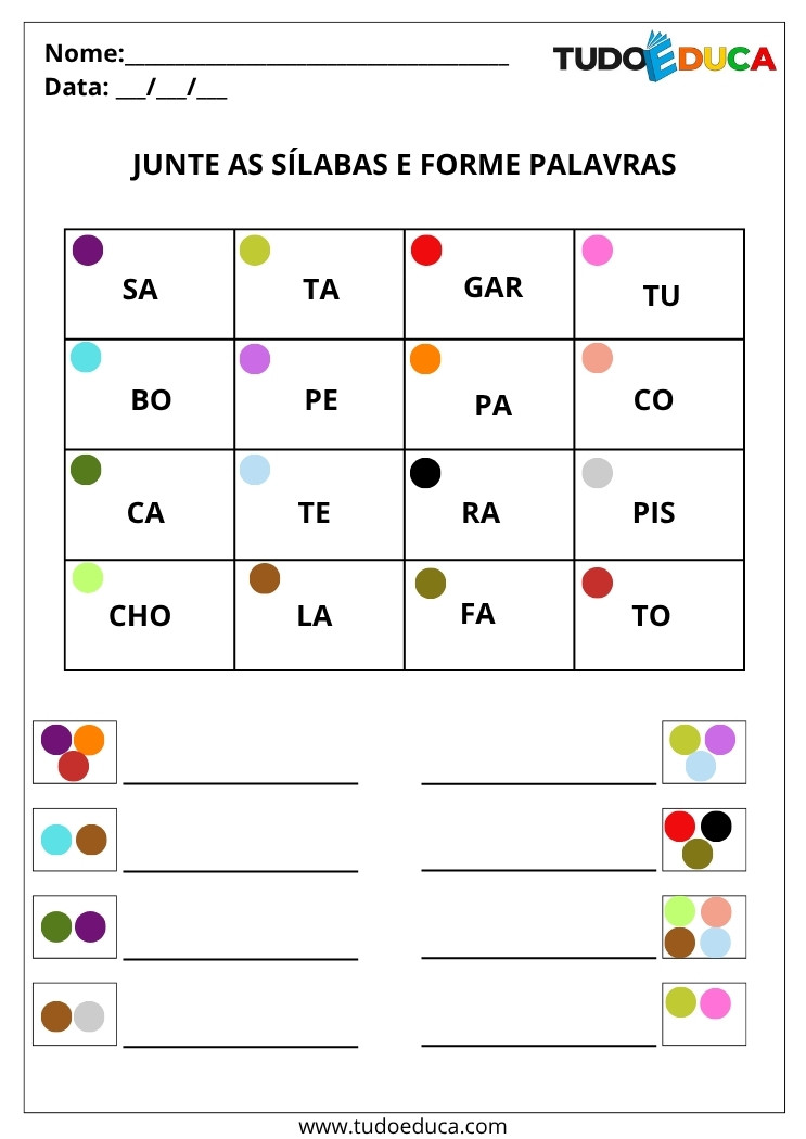 Atividade de Português Juntar Sílabas e Formar Palavras junte as silabas de acordo com as cores