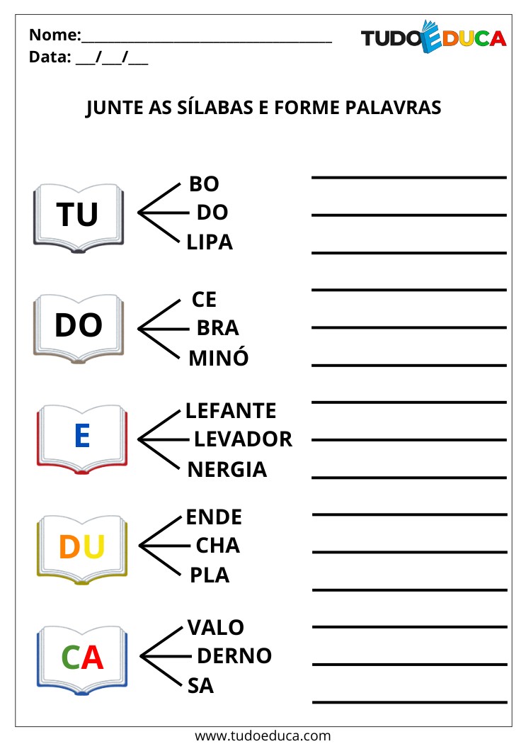 Atividade de Português Juntar Sílabas e Formar Palavras junte as silabas e forme palavras