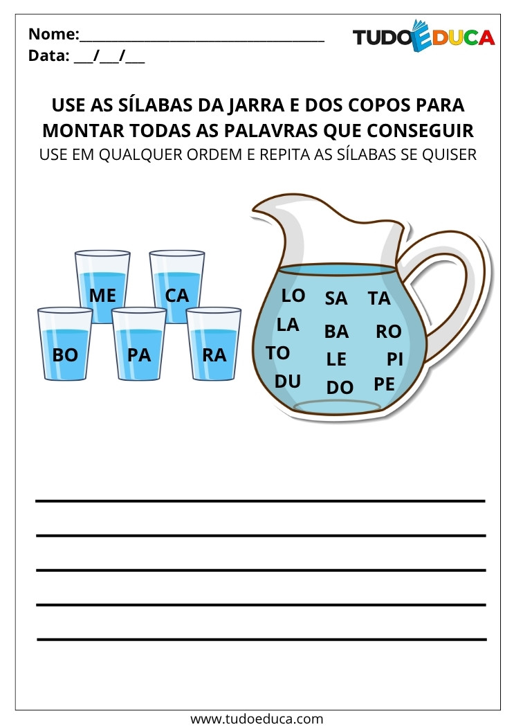 Atividade de Português Juntar Sílabas e Formar Palavras use as silabas dos copos