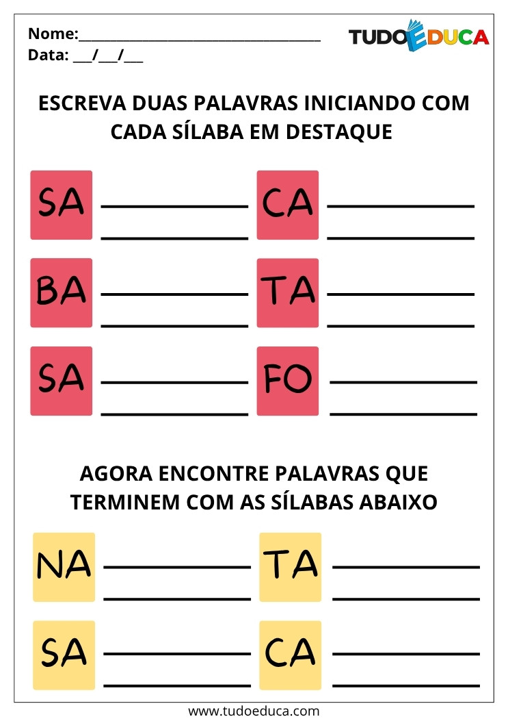Atividade de Português com Sílabas Simples para Formar Palavras escreva palavras com as silabas