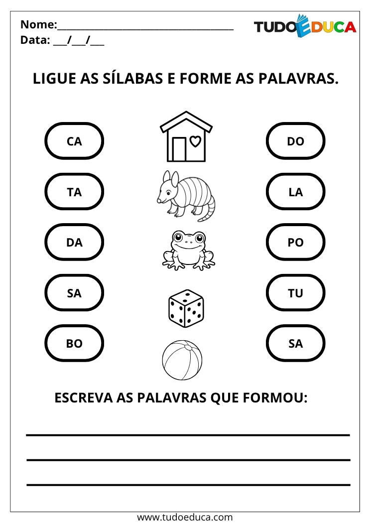 Atividade de Português com Sílabas Simples para Formar Palavras ligue as silabas