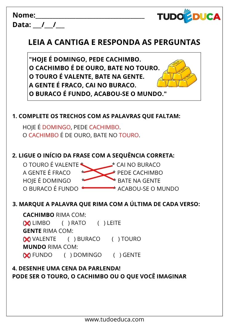 Atividade com Cantigas e Parlendas cachimbo de ouro gabarito