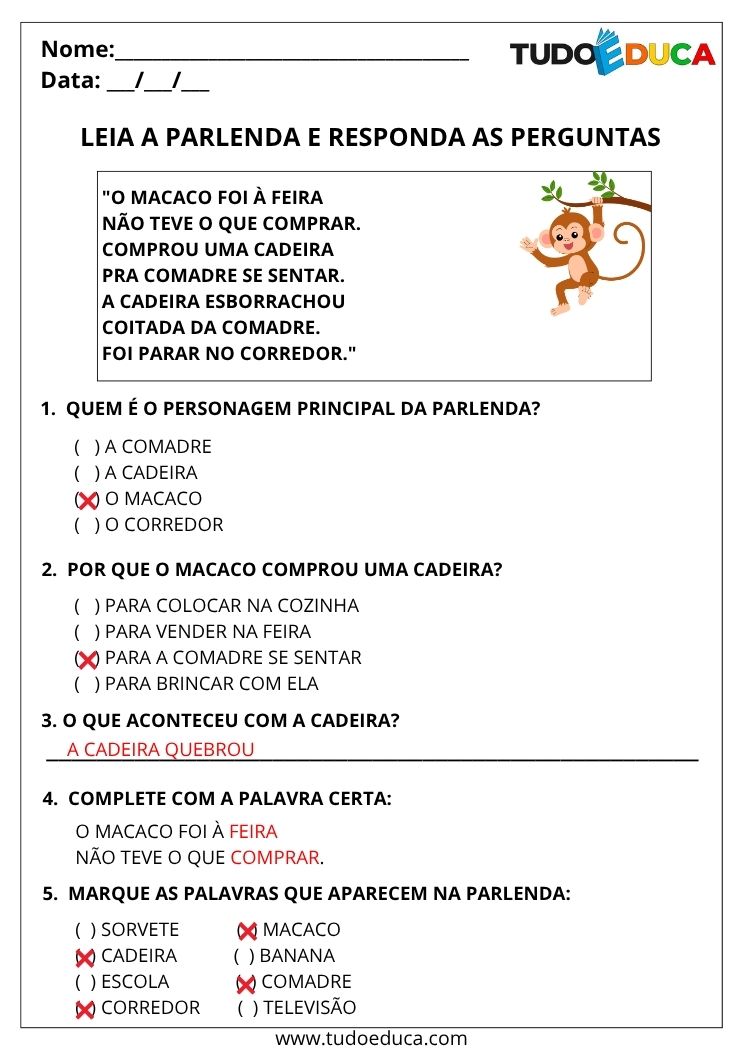 Atividade com Cantigas e Parlendas leia e responda gabarito