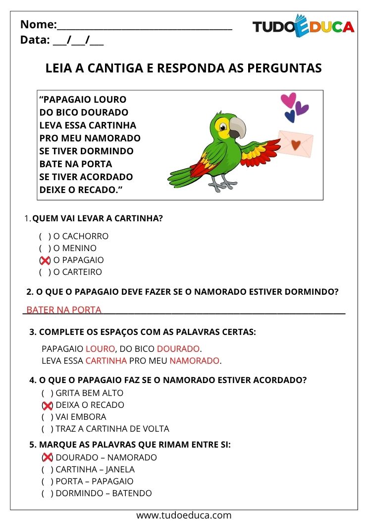 Atividade com Cantigas e Parlendas leia a cantiga e responda gabarito