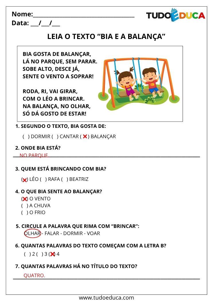 Atividade de Leitura e Interpretação de Texto bia e a balança gabarito