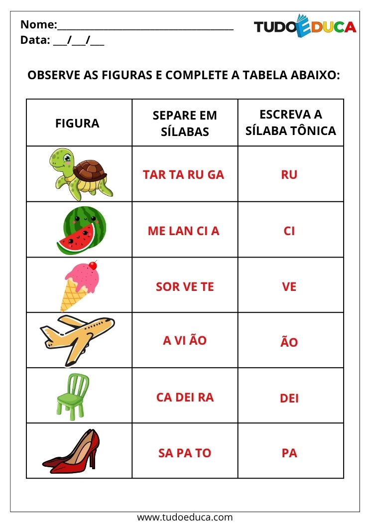 Atividade de Português com Sílaba Tônica separe em sílabas gabarito