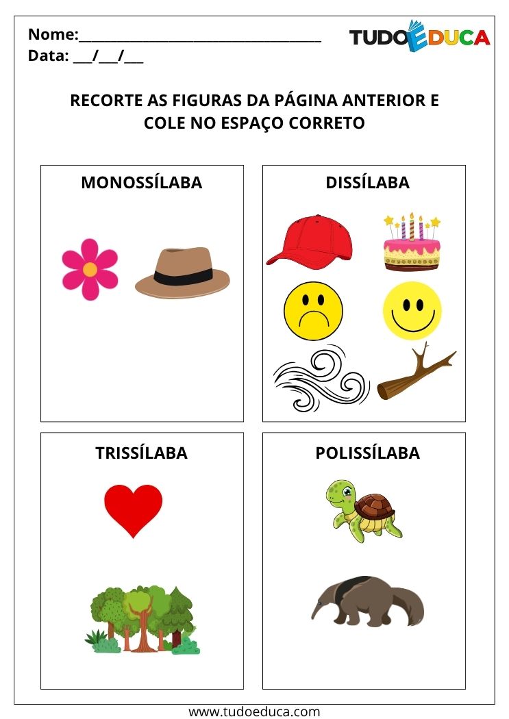 Atividades de Monossílaba, Dissílaba, Trissílaba e Polissílaba cole as figuras gabarito