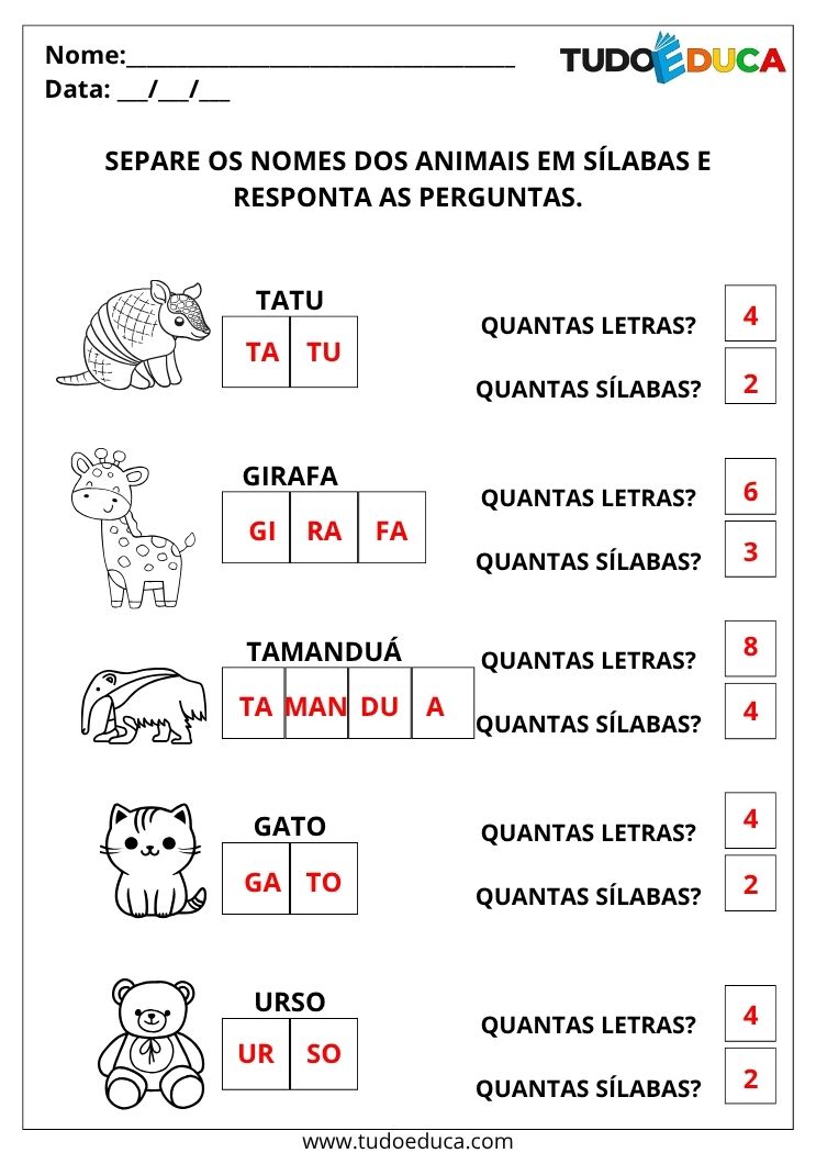 Atividades de Monossílaba, Dissílaba, Trissílaba e Polissílaba separe em sílabas gabarito
