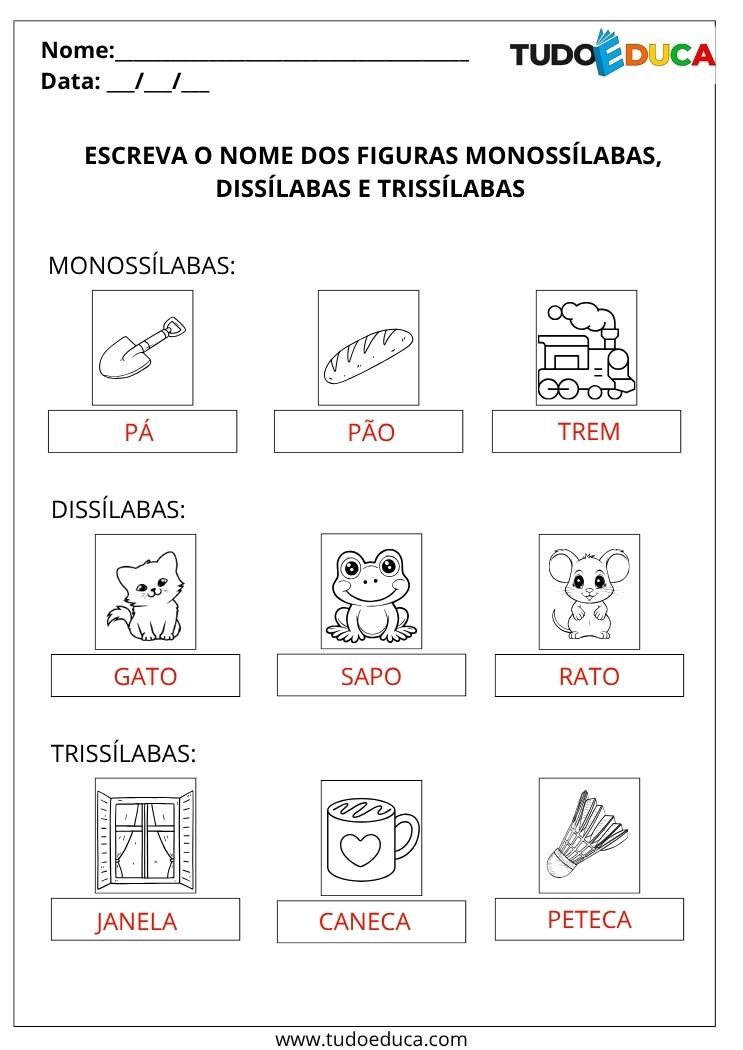Atividades de Monossílaba, Dissílaba, Trissílaba e Polissílaba escreva os nomes gabarito