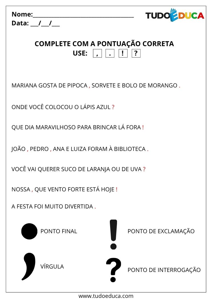 Atividades de Português com Pontuação complete a frase com a pontuação gabarito