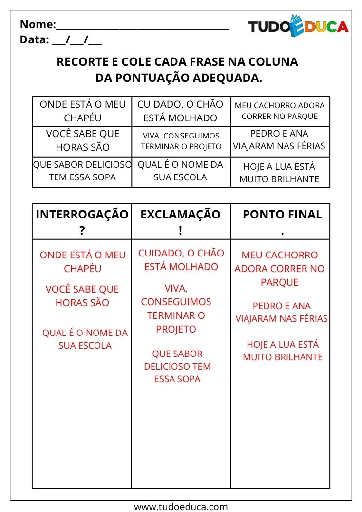 Atividades de Português com Pontuação cole as frases nas pontuações gabarito