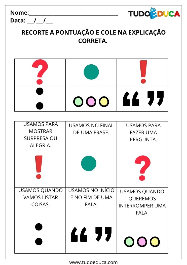 Atividades de Português com Pontuação cole a pontuação na explicação gabarito