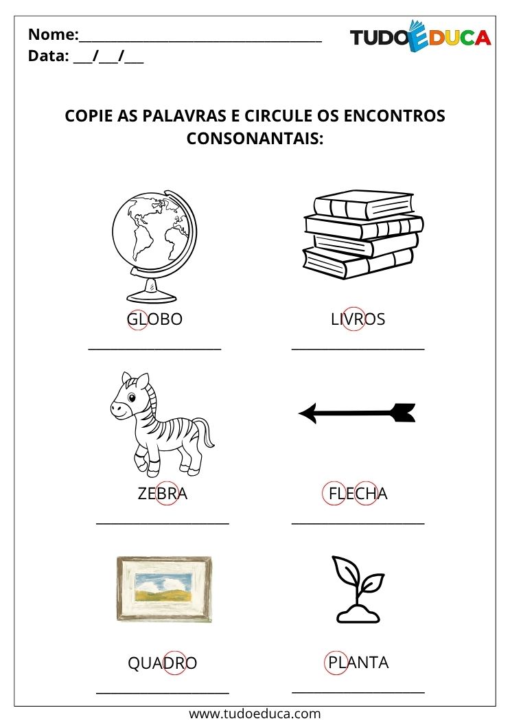Atividade de Português com Encontro Consonantal circule os encontros consonantais gabarito