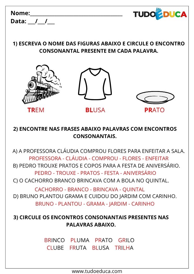 Atividade de Português com Encontro Consonantal escreva e aponte os encontros consonantais gabarito