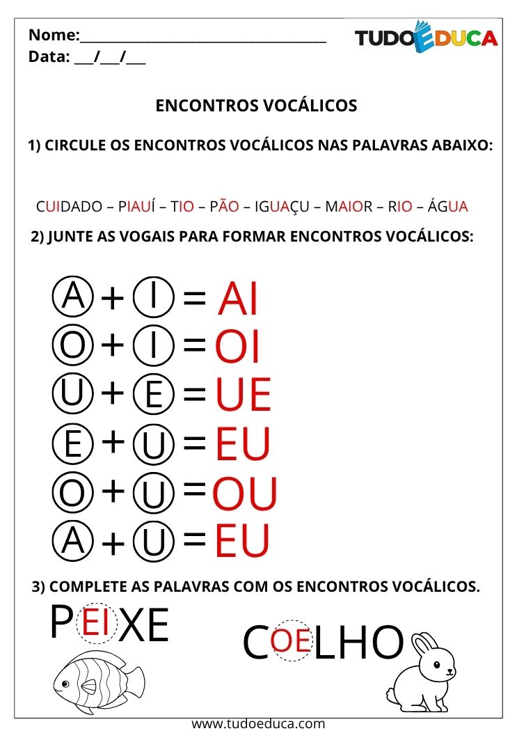 Atividade de Português com encontros vocálicos circule e escreva os encontros vocálicos gabarito