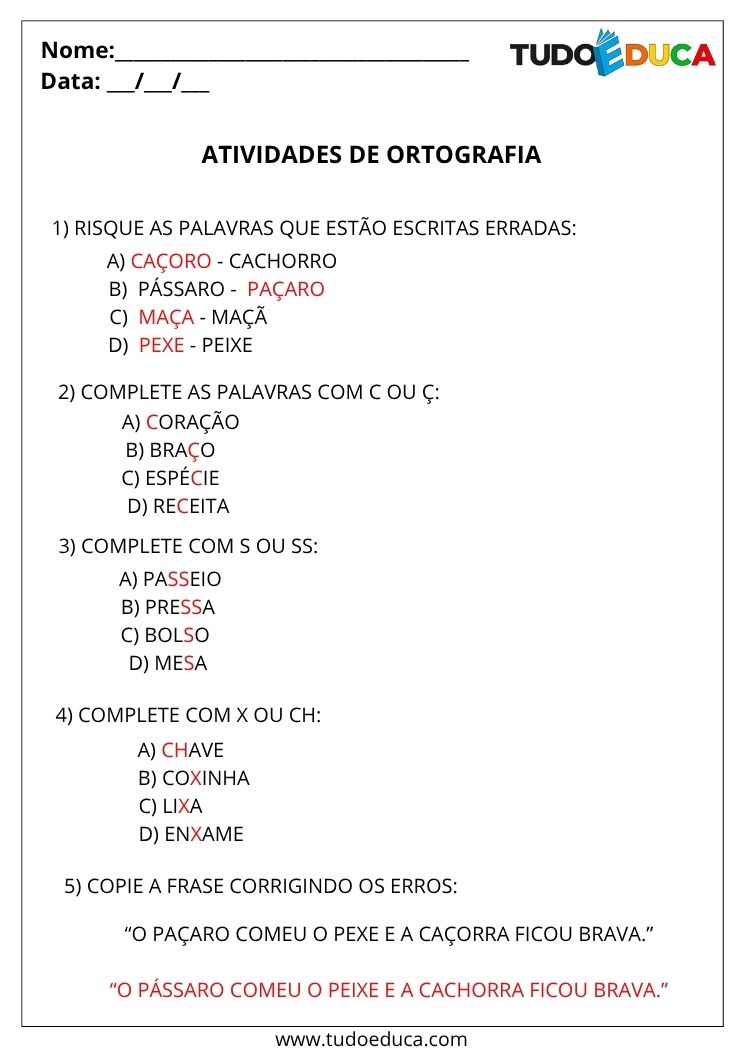 Atividade de Português com Ortografia risque as palavras erradas gabarito
