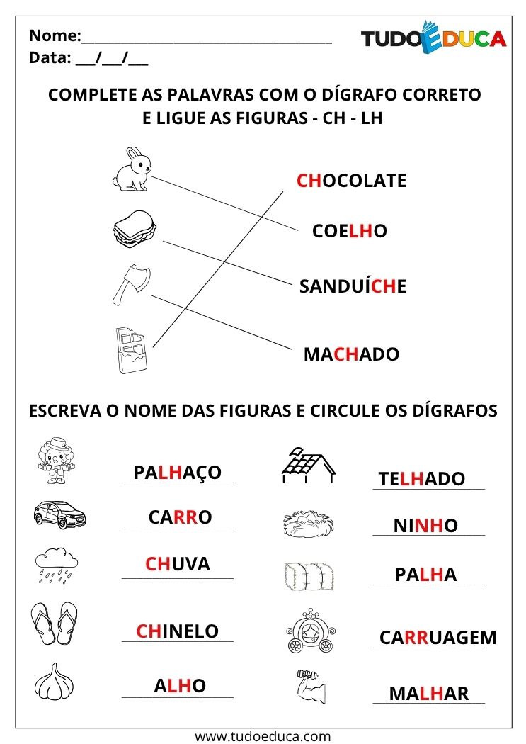 Atividade de Português com Dígrafos complete com o dígrafo correto gabarito